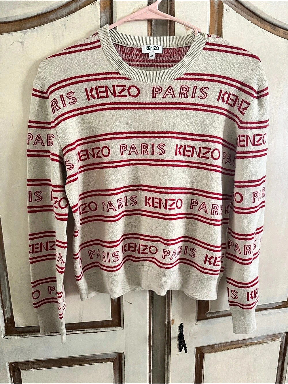 Kenzo Paris Emblem Jumper Striped Crewneck Sweater Cream & Red Medium